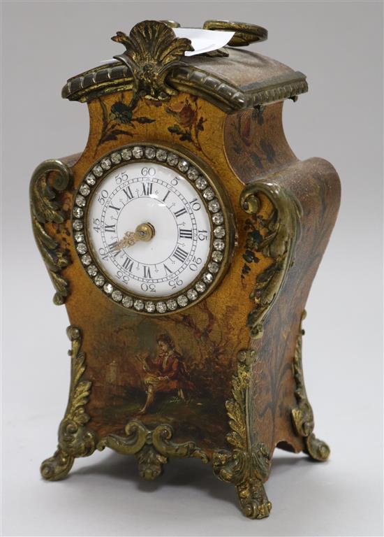 An early 20th century French Vernis Martin style timepiece, with paste set dial 18cm.